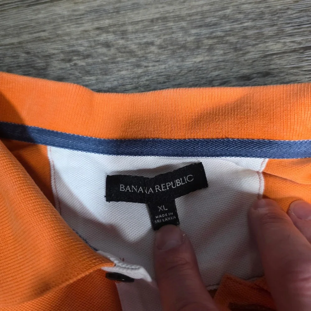 Banana Republic Mens XL Orange Red White Striped Pique Polo Shirt Stretch Cotton